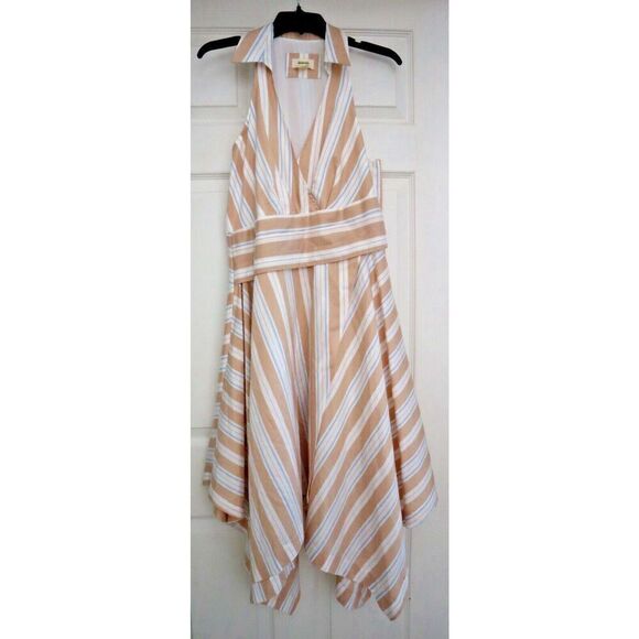 Maeve x Anthropologie Women Sz 10 Tan Striped Asymmetrical Wrap Shirt Dress - Picture 1 of 11